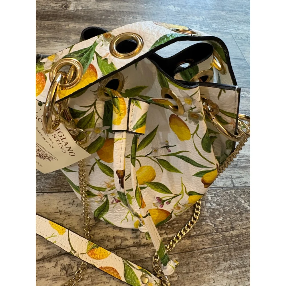 L'Artigiano Sorrentino Italian Leather Lemon Print Bucket Bag Crossbody